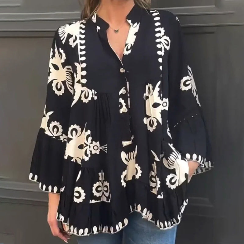 Damski top z falbanką z nadrukiem w stylu boho