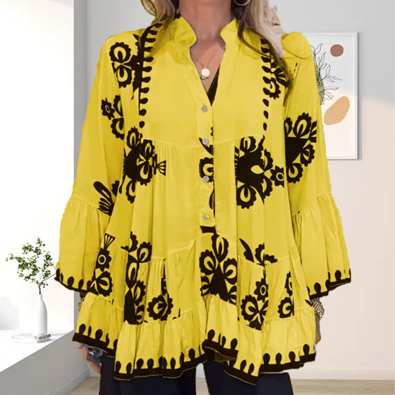 Damski top z falbanką z nadrukiem w stylu boho