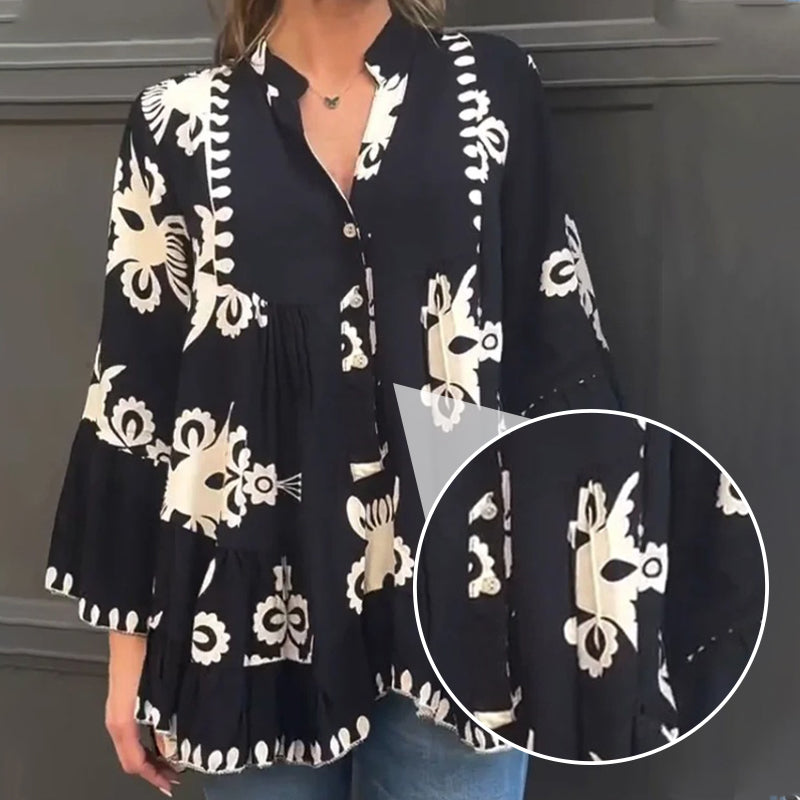 Damski top z falbanką z nadrukiem w stylu boho