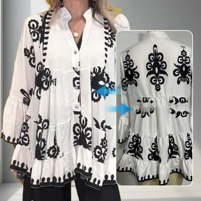 Damski top z falbanką z nadrukiem w stylu boho