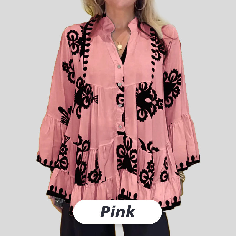 Damski top z falbanką z nadrukiem w stylu boho