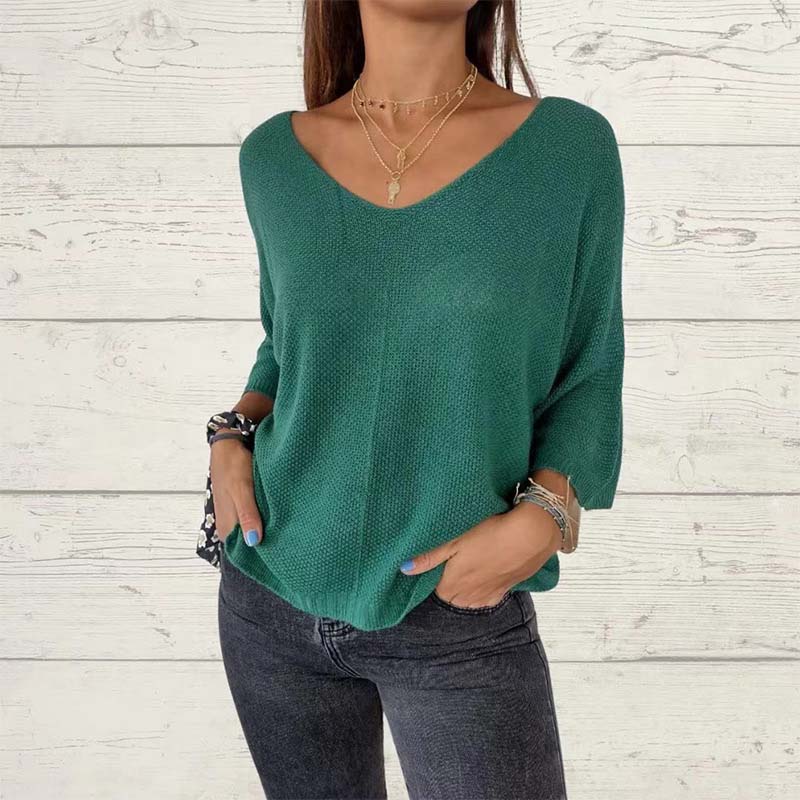 Damska dzianinowa koszulka z nietoperzowym rękawem V-Neck w jednolitym kolorze