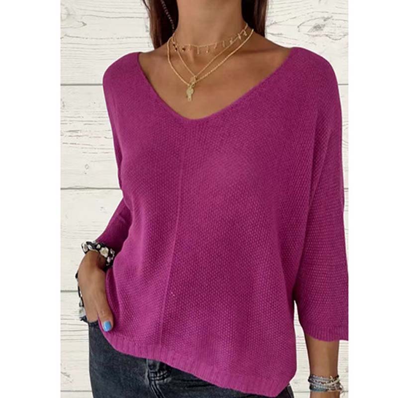 Damska dzianinowa koszulka z nietoperzowym rękawem V-Neck w jednolitym kolorze