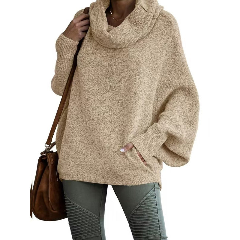 Damski sweter z rękawami nietoperza i dekoltem typu cowl z kieszenią