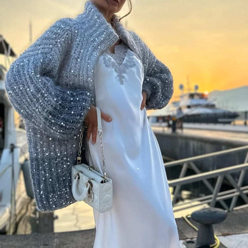 Sweter z dzianiny w jednolitym kolorze z cekinami