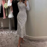 ✨ Długa sukienka damska Błyszczący okrągły dekolt Sukienka bodycon