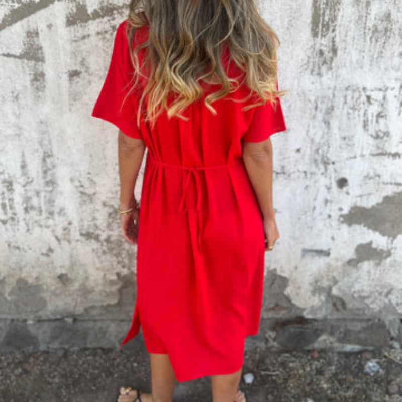💋Bawełniana lniana sukienka damska z krótkim rękawem i nadrukiem V-Neck