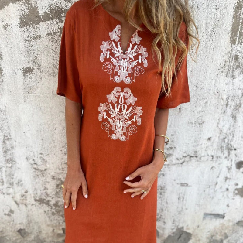 💋Bawełniana lniana sukienka damska z krótkim rękawem i nadrukiem V-Neck