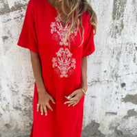 💋Bawełniana lniana sukienka damska z krótkim rękawem i nadrukiem V-Neck
