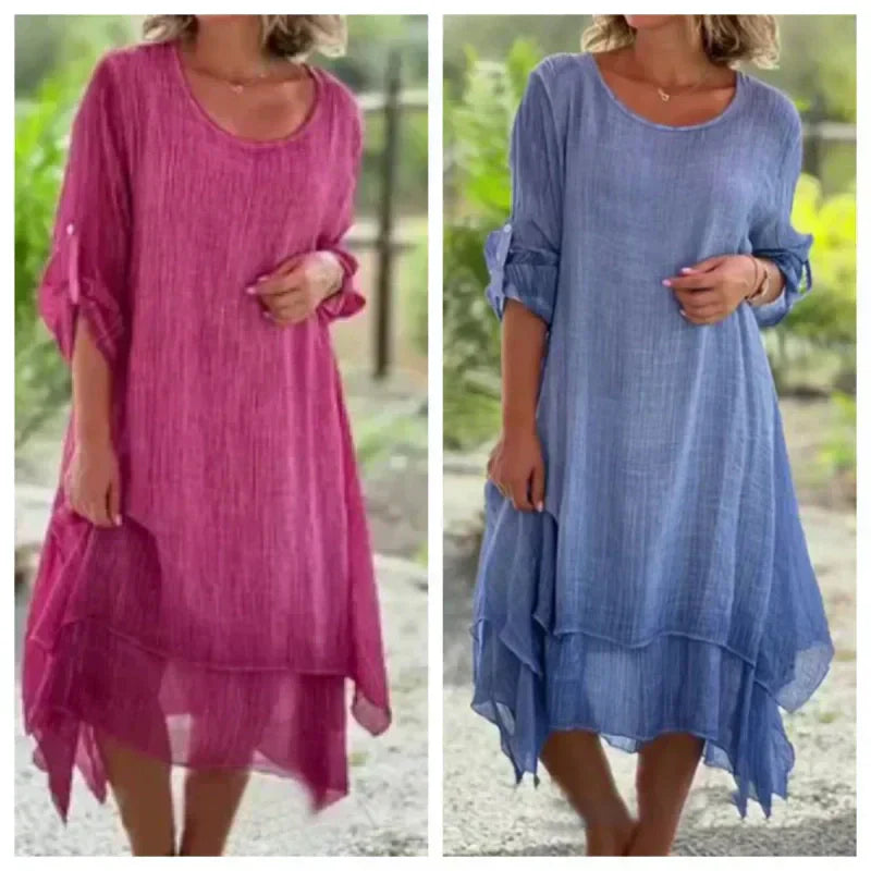 💕Elegancka damska sukienka z okrągłym dekoltem w jednolitym kolorze o luźnym kroju