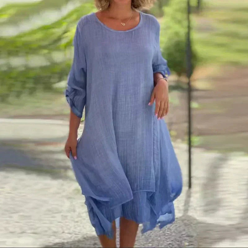 💕Elegancka damska sukienka z okrągłym dekoltem w jednolitym kolorze o luźnym kroju