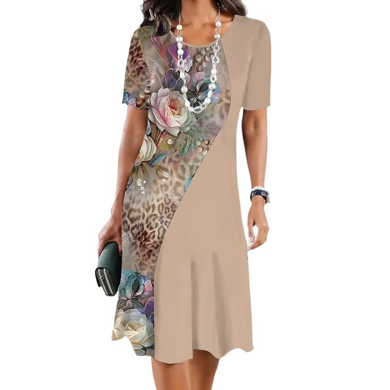 🌸Damska elegancka sukienka z okrągłym dekoltem w kwiatowy print
