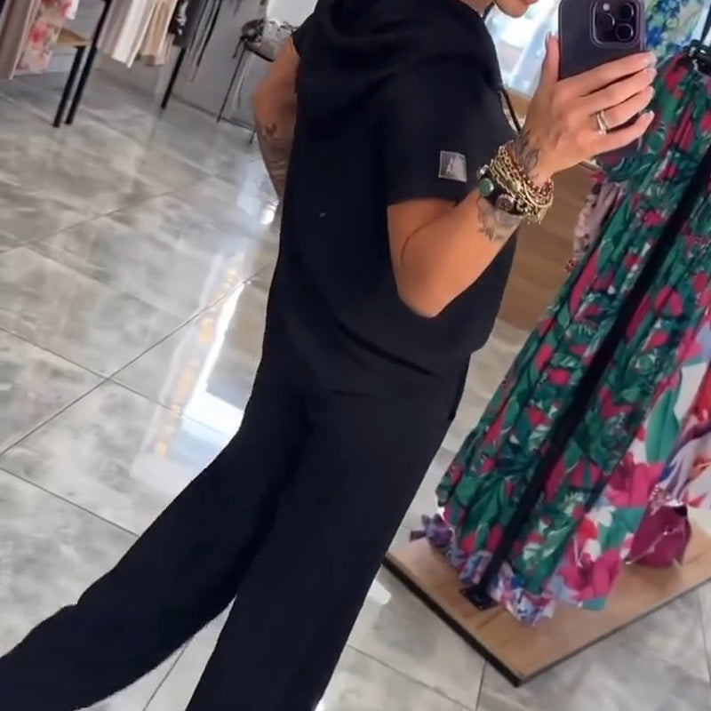💃🌸 Dwuczęściowy zestaw bluzki i spodni z kapturem i dekoltem w szpic, krótkie rękawy