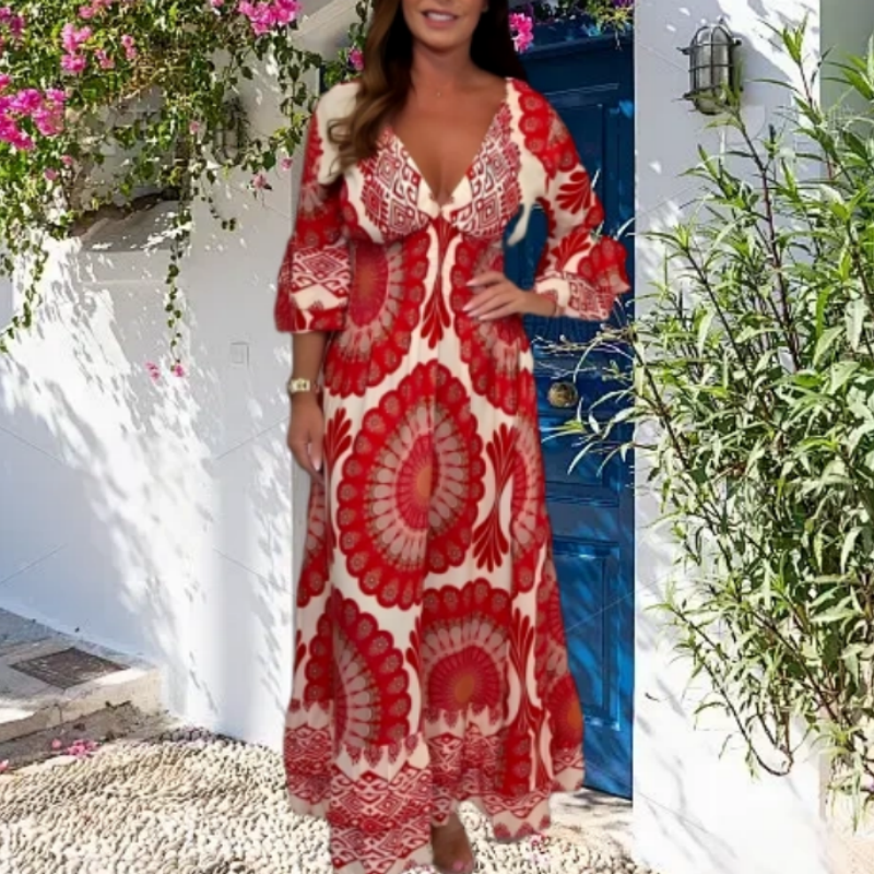 🔥👗Damska sukienka maxi w stylu retro boho z głębokim dekoltem w serek