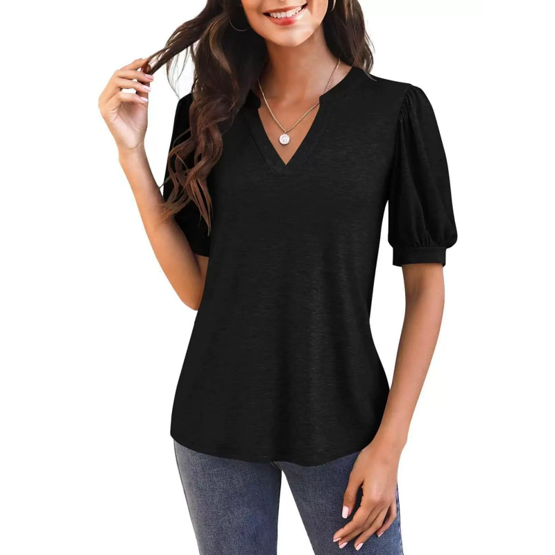 🔥👚Damska koszulka z dekoltem w serek i krótkim rękawem, swobodna, elegancka