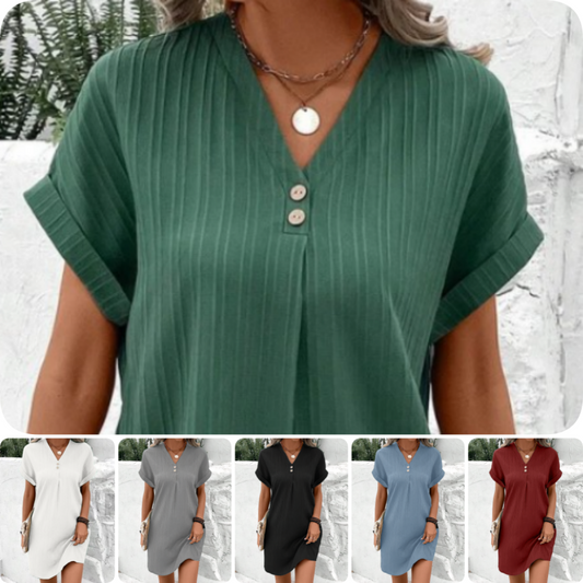 Damska sukienka z krótkim rękawem V-Neck w jednolitym kolorze