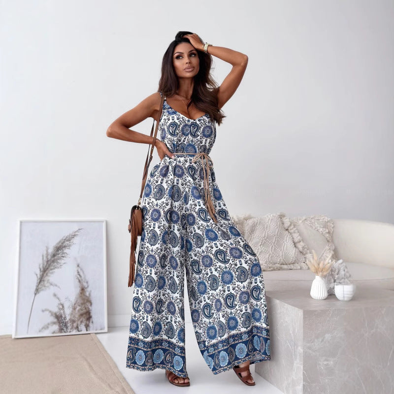 ✨Boho drukowany kombinezon bez pleców z paskiem z frędzlami
