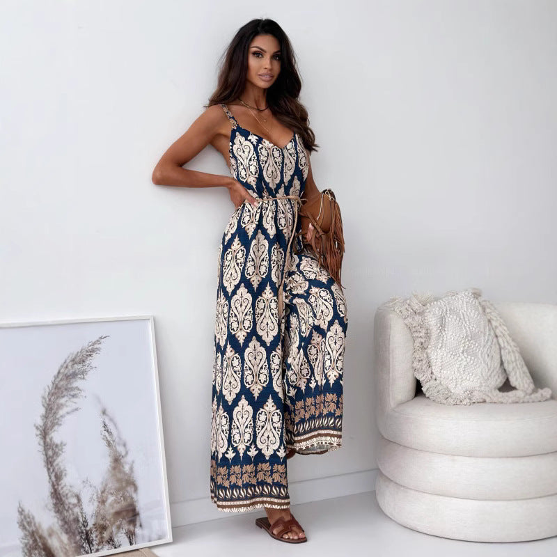 ✨Boho drukowany kombinezon bez pleców z paskiem z frędzlami