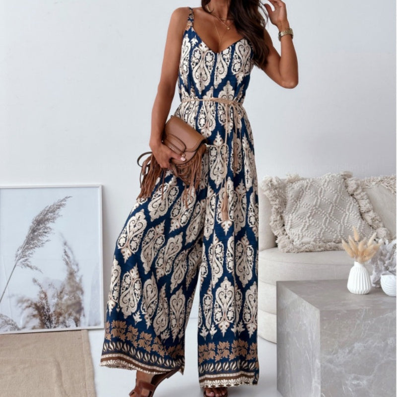 ✨Boho drukowany kombinezon bez pleców z paskiem z frędzlami
