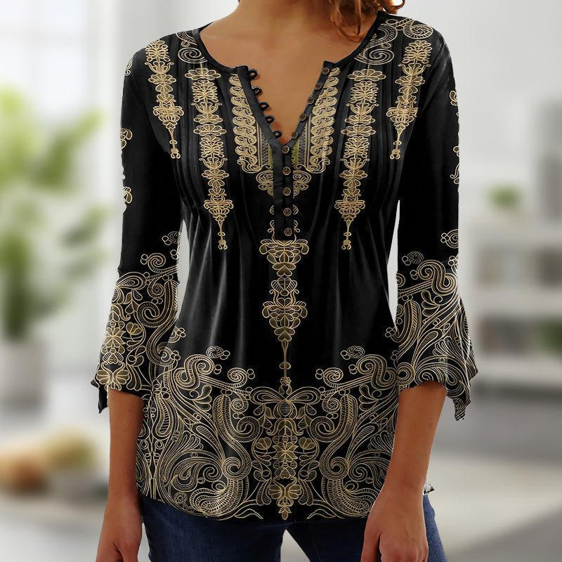 🔥Bluzka z rozkloszowanymi rękawami z dekoltem w serek z nadrukiem w stylu vintage👚