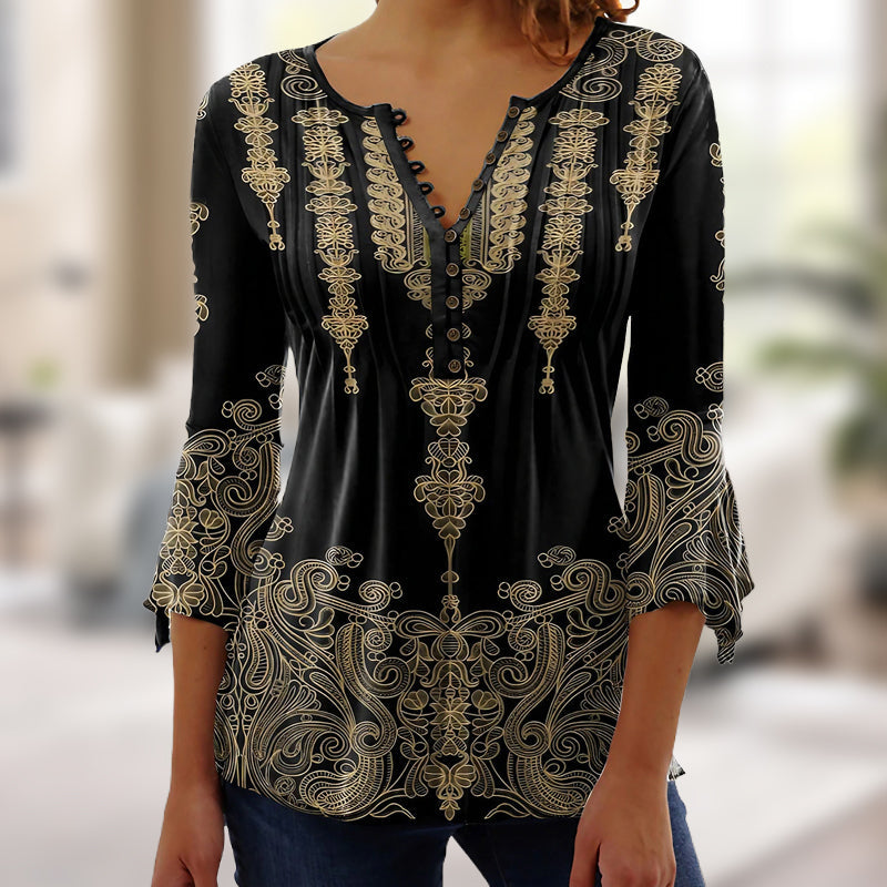 🔥Bluzka z rozkloszowanymi rękawami z dekoltem w serek z nadrukiem w stylu vintage👚