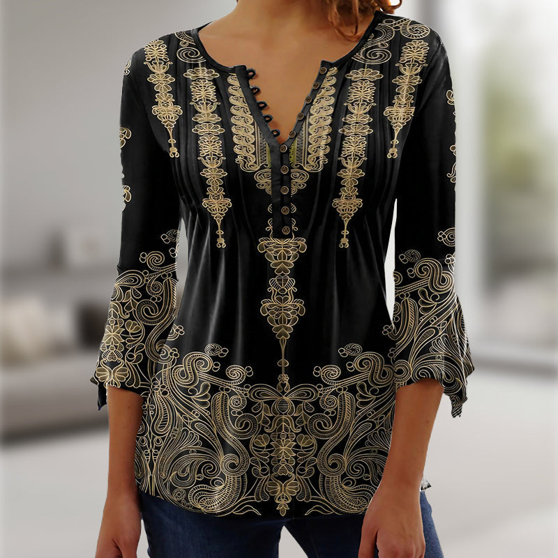 🔥Bluzka z rozkloszowanymi rękawami z dekoltem w serek z nadrukiem w stylu vintage👚