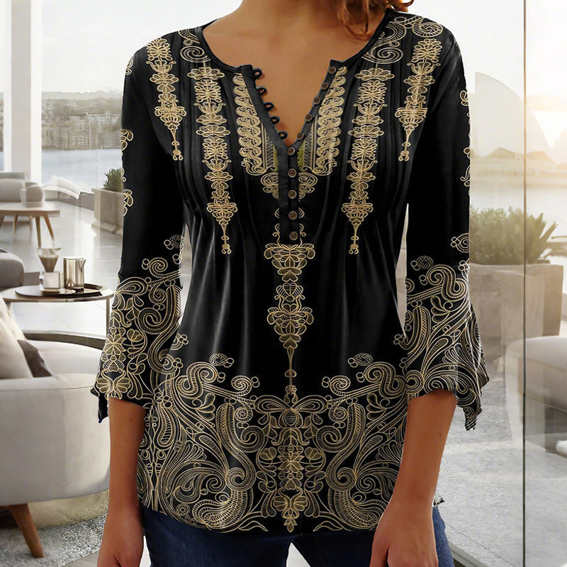 🔥Bluzka z rozkloszowanymi rękawami z dekoltem w serek z nadrukiem w stylu vintage👚