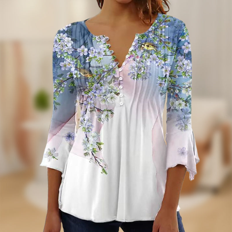 🔥Bluzka z rozkloszowanymi rękawami z dekoltem w serek z nadrukiem w stylu vintage👚