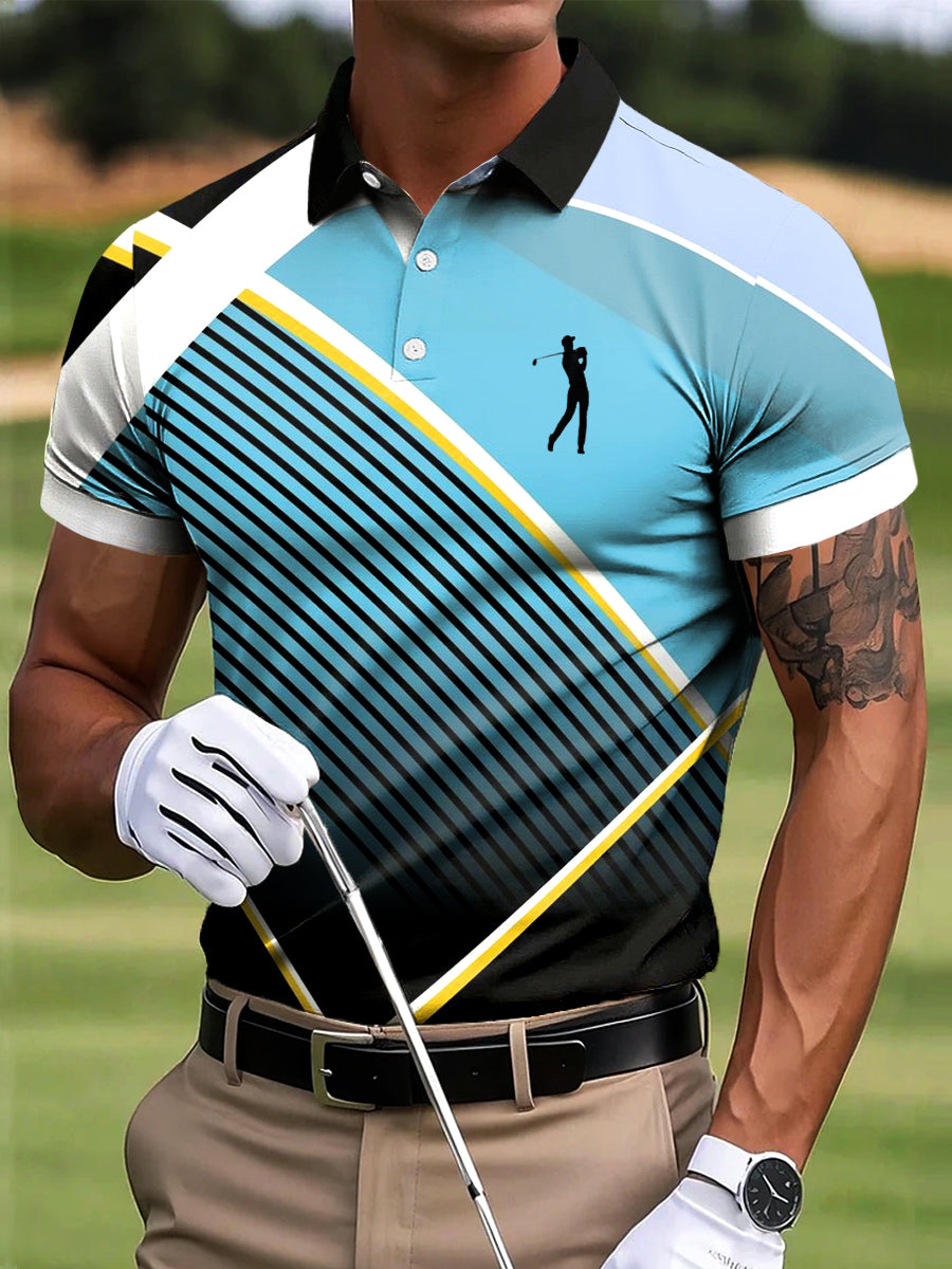 Męska koszulka polo z gradientu golfowego nieregularna linia artystyczna z nadrukiem swobodnym