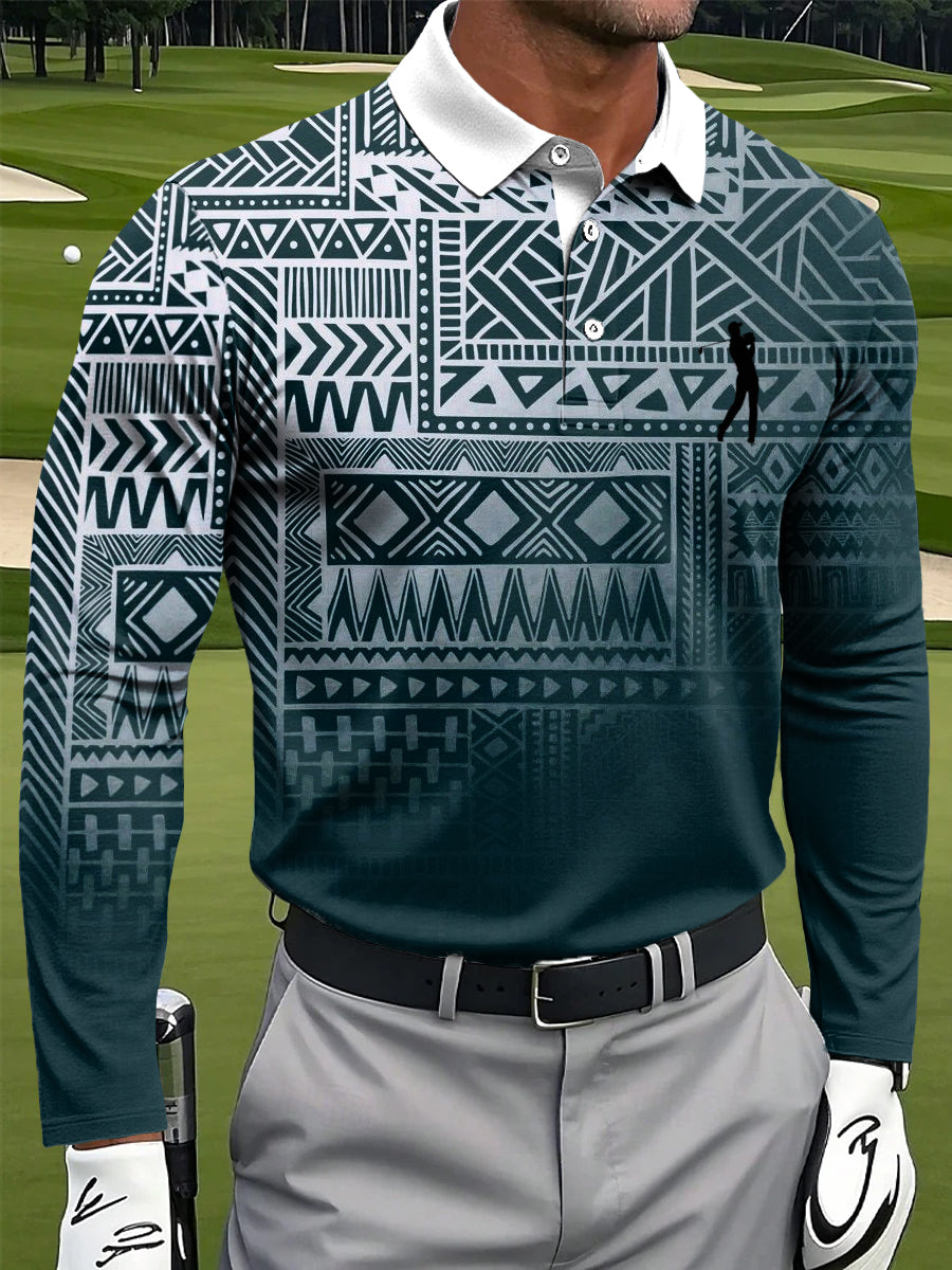 Męska Retro Gradient Etniczny Geometryczny Nadruk Casual Biznesowa Koszulka polo z długim rękawem
