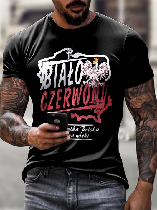 Męski Vintage Polski Orzeł Patriot Abstrakcyjny Art Print Casual T-Shirt