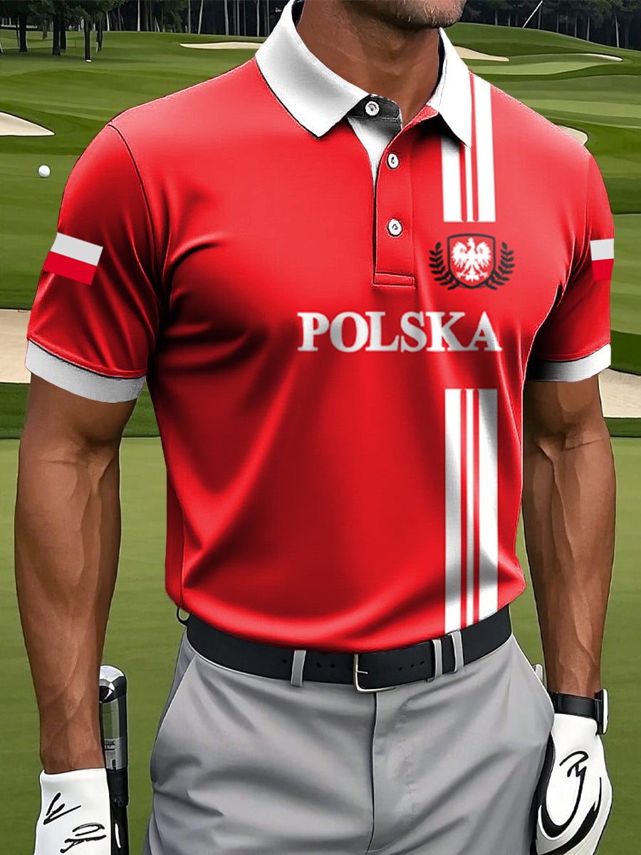 Męska koszulka polo z godłem z flagą orła artystycznego w stylu casual Business