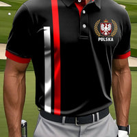 Męska koszulka polo biznesowa z nadrukiem w stylu vintage z polskim godłem w paski