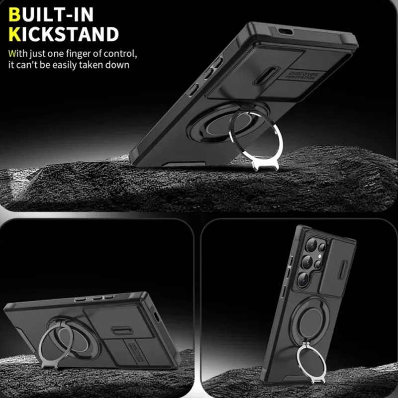 Etui magnetyczne 3 w 1 dla Samsunga – podstawka Snap & Go + podwyższona osłona aparatu + pełna ochrona.