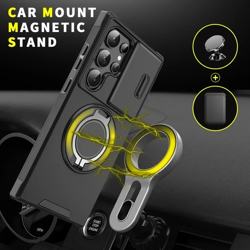 Etui magnetyczne 3 w 1 dla Samsunga – podstawka Snap & Go + podwyższona osłona aparatu + pełna ochrona.