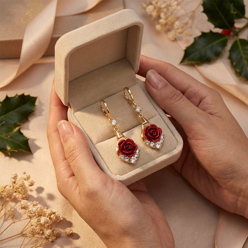 Eleganckie kolczyki w kształcie łezki z czerwoną różą🌹